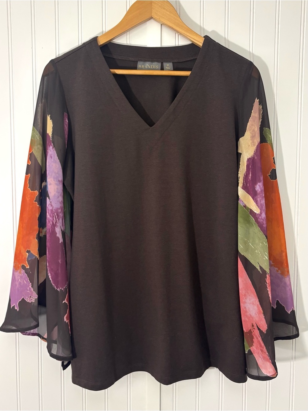 Brandis Brown V-Neck Top Sheer Floral Bell Sleeve Blouse Size M Artsy Feminine